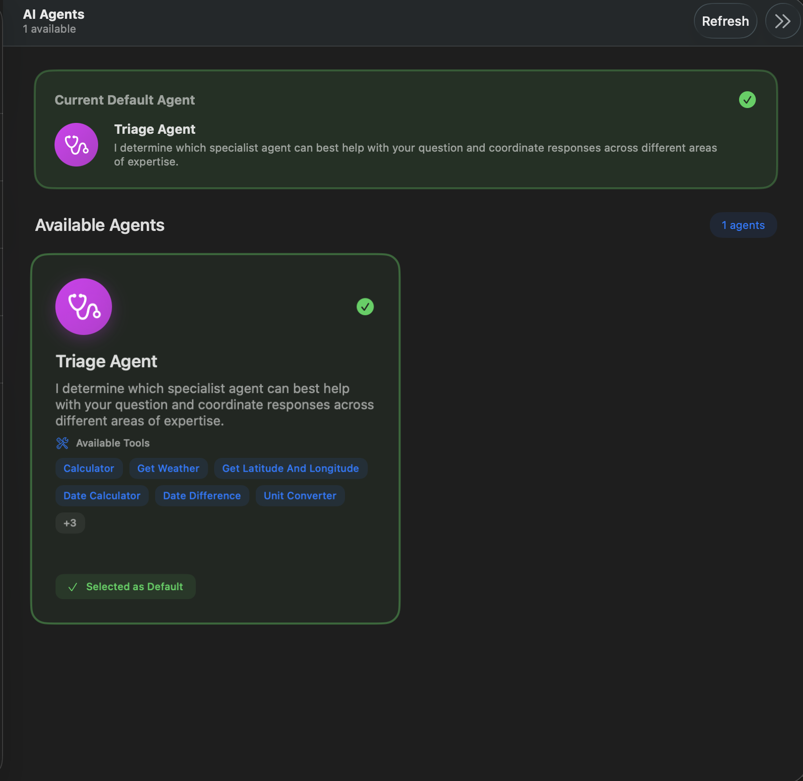 Agent selection screen showing the Triage Agent
