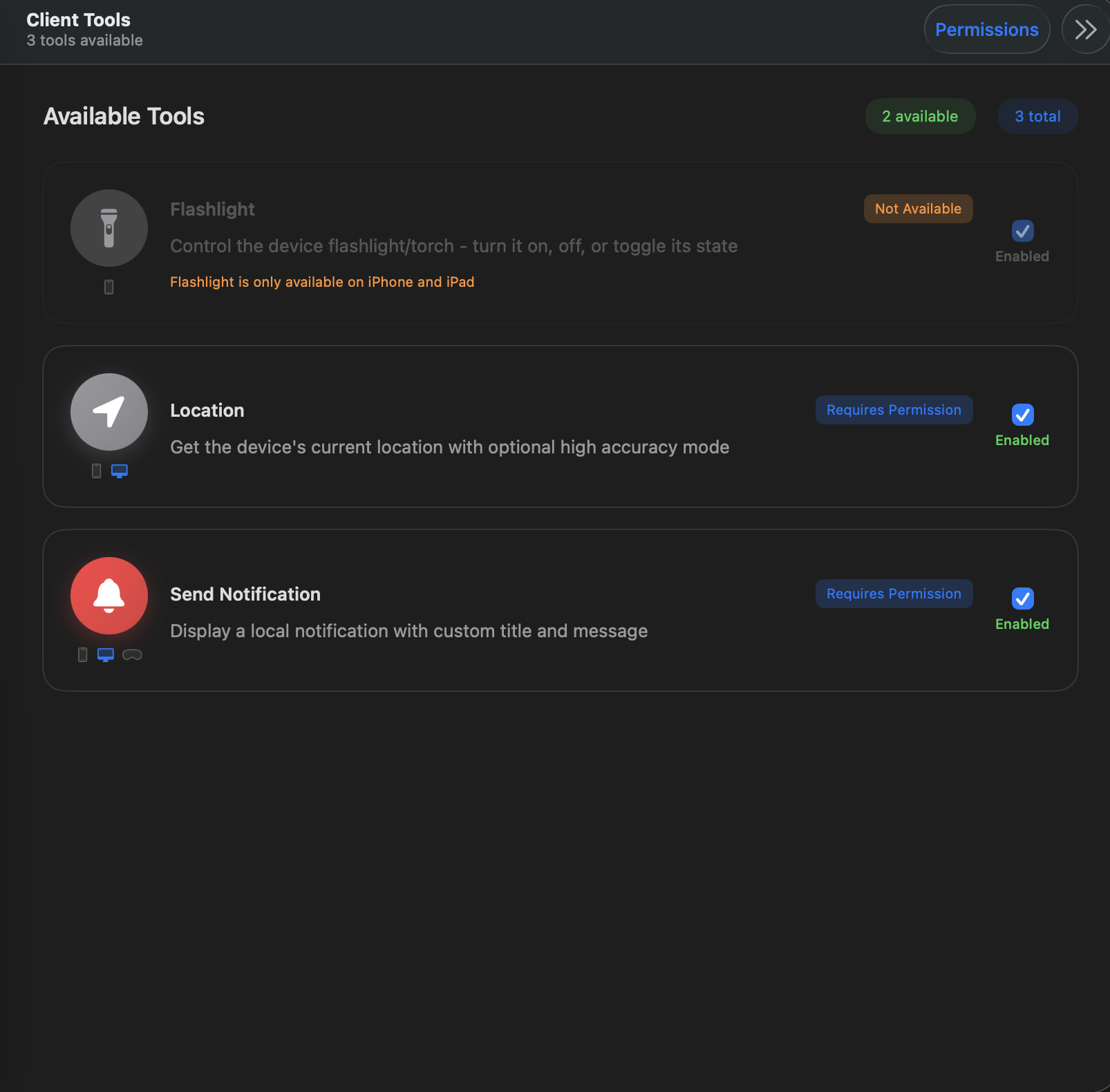 Client tools screen showing Flashlight, Location, and Send Notification