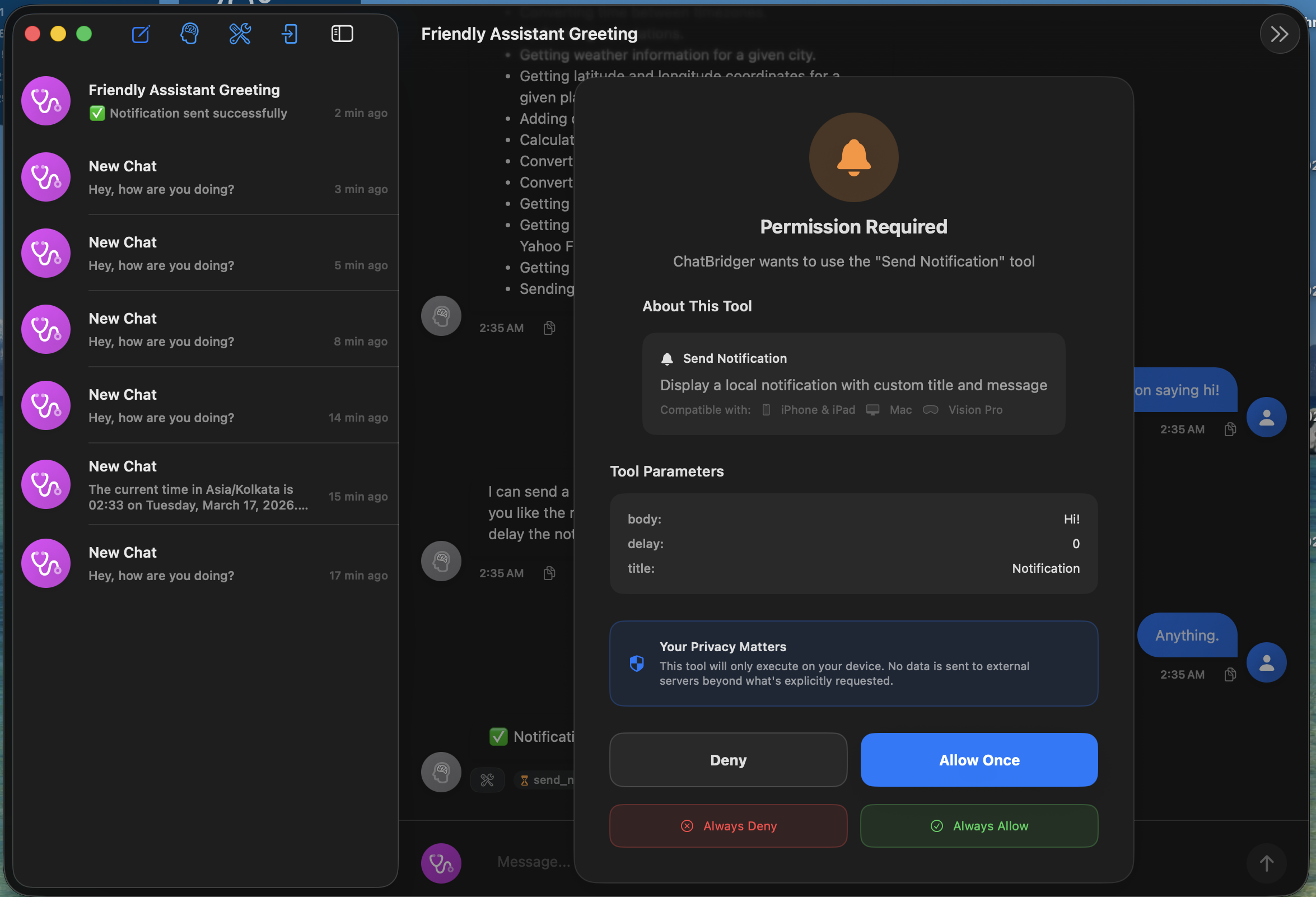 In-app permission prompt before executing the Send Notification tool