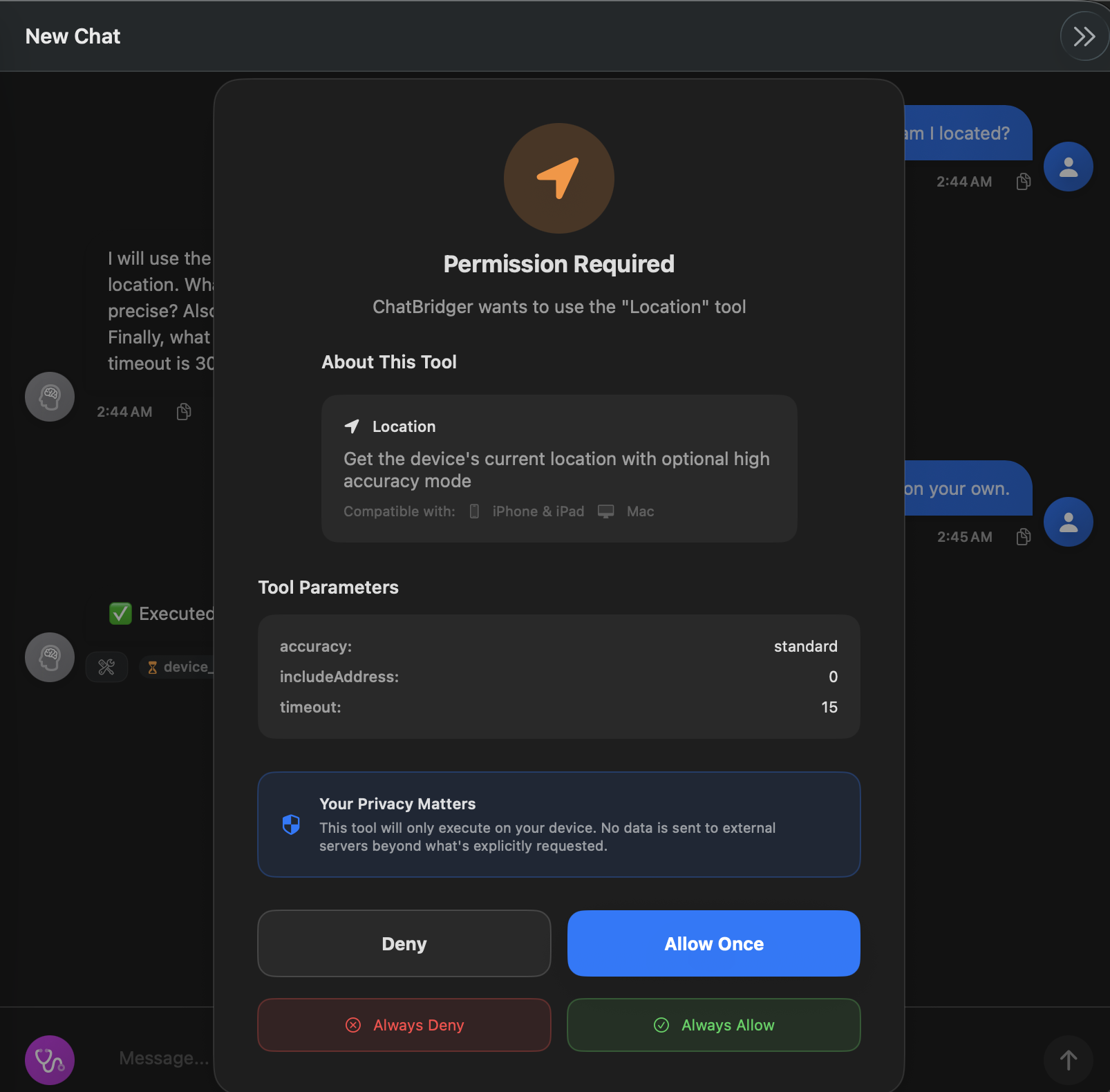 In-app permission prompt before executing the Location tool