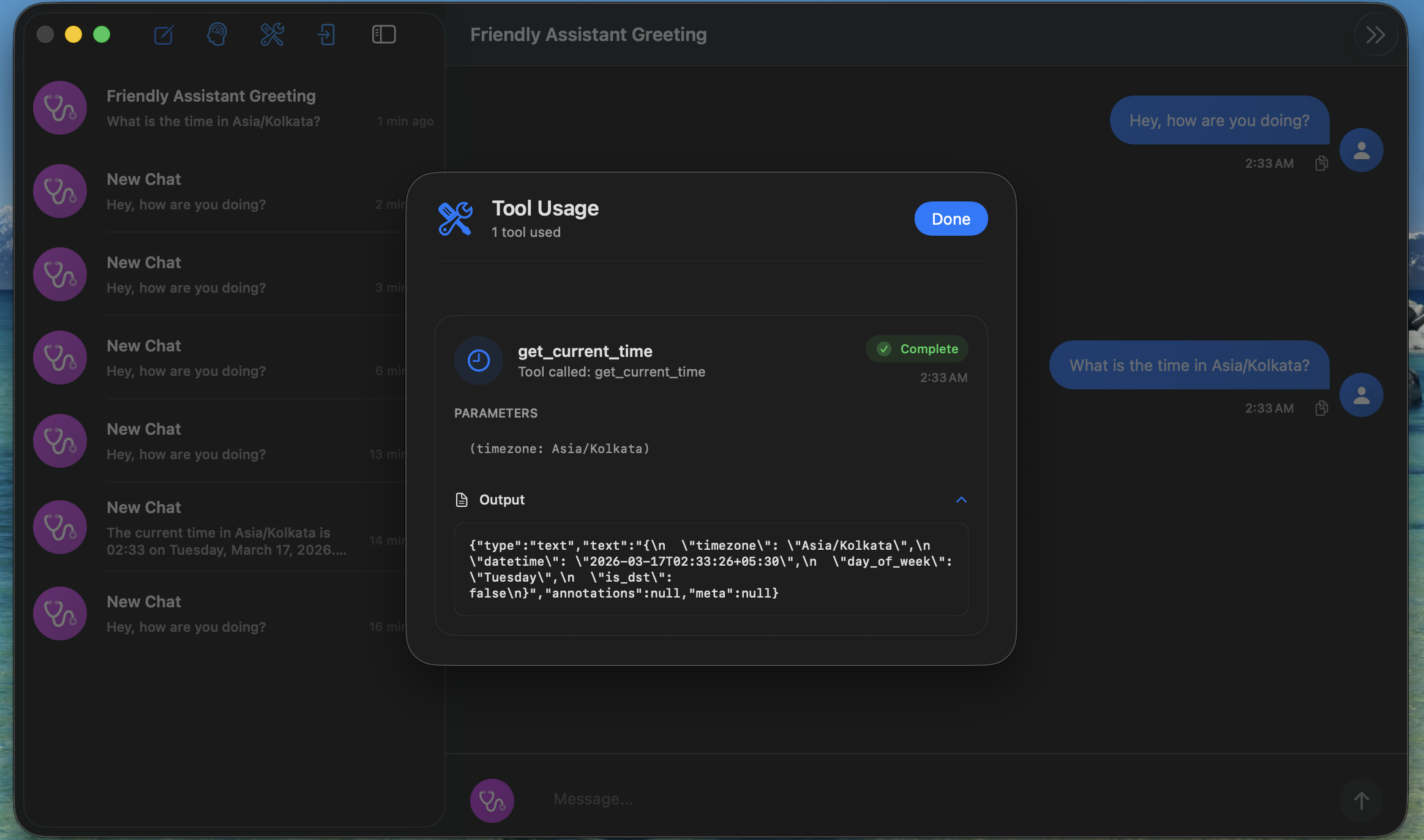 Tool usage detail showing parameters and output