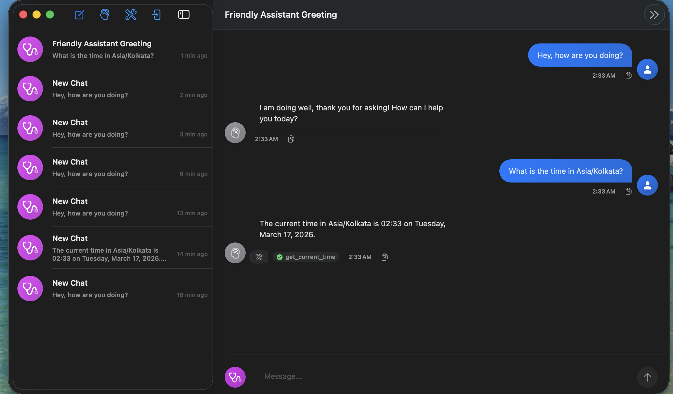 MCP tool execution - get_current_time called in a conversation