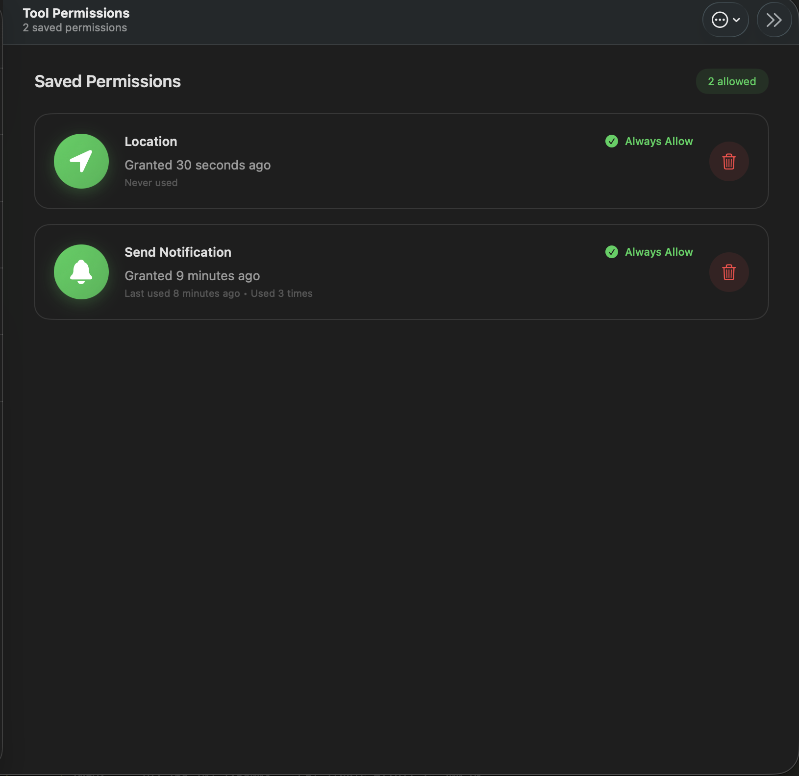 Saved tool permissions showing Always Allow for Location and Send Notification